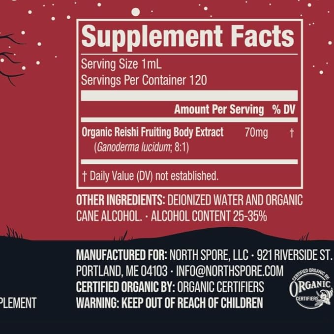 North Spore Reishi Mushroom Extract Tincture | High Potency Organic Ganoderma lucidum 100% Fruiting Bodies | Non-GMO Vegan - 4oz