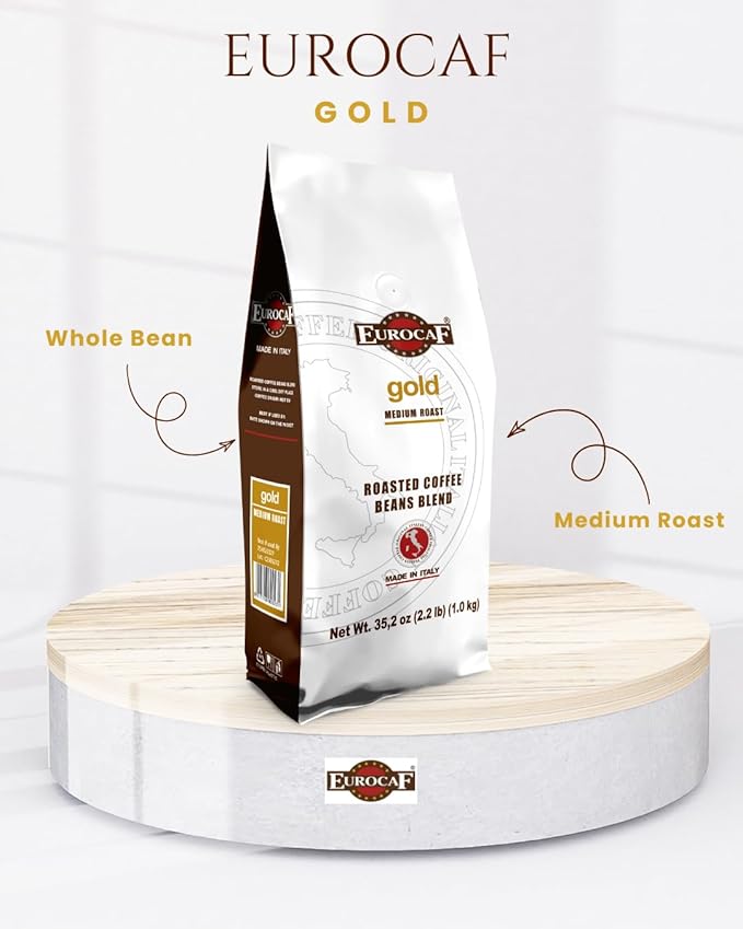 Eurocaf Blend Gold Whole Bean Coffee Medium Roast 2.2 Ib Original Italian Coffee (Pack of 1)