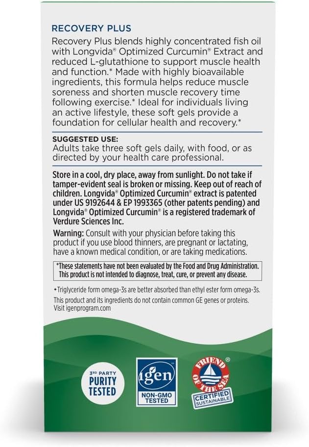 Nordic Naturals Recovery Plus Unflavored - 45 Soft Gels - 1800 mg Omega-3 Fish Oil - 600 mg Longvida Optimized Curcumin - Cellular Health &amp Recovery - Post-Exercise Muscle Support - 15 Servings