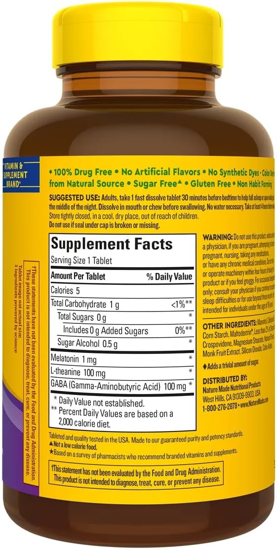 Nature Made Wellblends Back to Sleep 120 Fast Dissolve Tablets Lower Dose Melatonin 1 mg L theanine 100 mg and GABA 100mg Sleep Supplement Bundle with a Pill Oragnizer (2 Items)