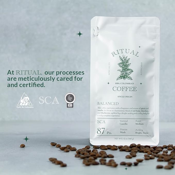 Ritual Specialty Coffee - Colombian Single Origin Ground Coffee Low Acid Balanced SCA 87+ Score (Chocolate Red Fruits Blueberry) Medium Roast 12oz (340g) 100% Arabica Castillo