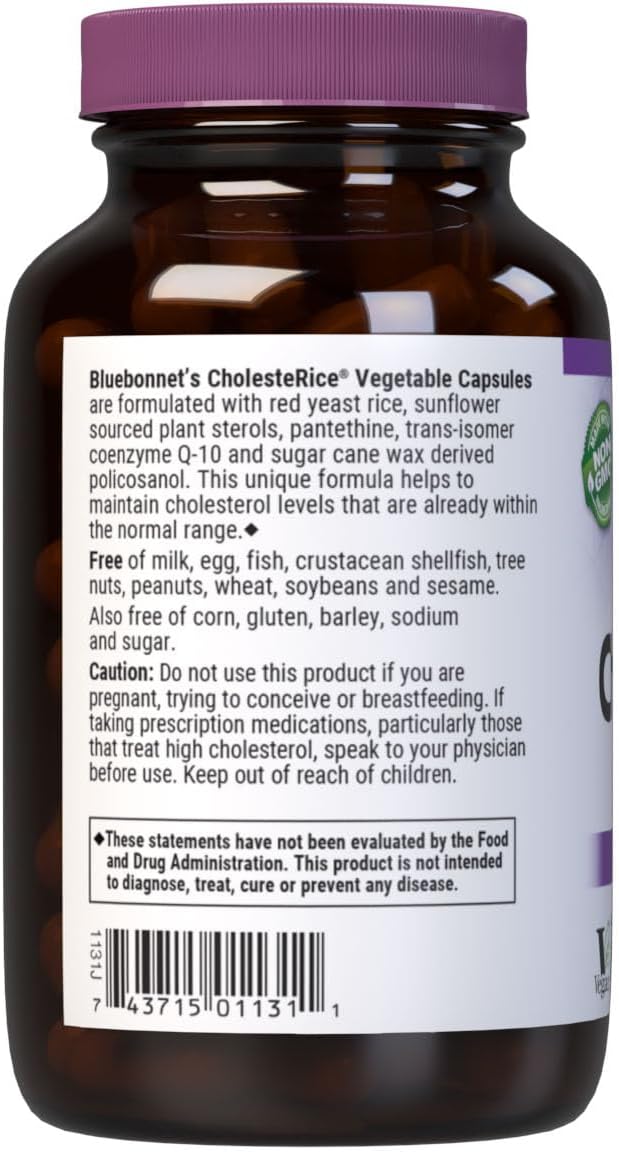 Bluebonnet Nutrition CholesteRice Vegetable Capsules Red Yeast Rice Plant Sterols Pantethine CoQ10 Policosanol Vegan Vegetarian Non GMO Gluten Free Milk Free SOY-FREE 60 Vegetable Capsules