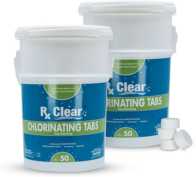 Rx Clear 1 Inch Chlorine Tabs | 100 Pounds | Use Tablets as Bactericide Algaecide &amp Disinfectant in Swimming Pools | Stabilized Long Lasting Slow Dissolving &amp UV Protected (2 x 50 LB Buc