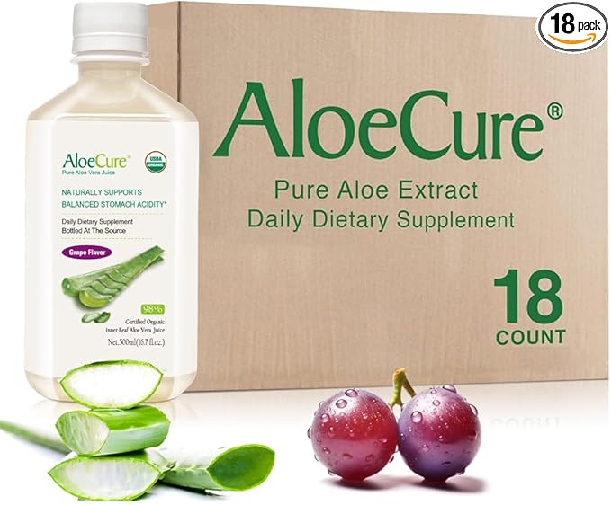 AloeCure USDA Organic Aloe Vera Juice Grape Flavor Made Within 12 Hours of Harvest - Pure Aloe Vera Digestive &amp Immune Health Supplement Helps Maintain Balanced Stomach Acidity 16.7oz x 18 Btls