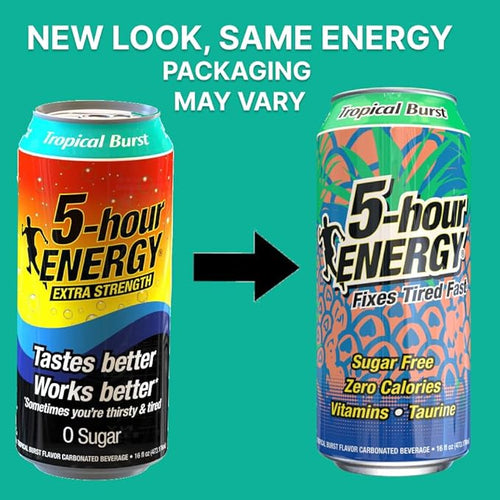 5-hour ENERGY Extra Strength Energy Drink | Tropical Burst Flavor 16 oz. Cans 12 Count Sugar-Free &amp Zero Calories Vitamins Amino Acids Contains Carbonation 230mg of Caffeine 192 ounces (16 Fl Oz (