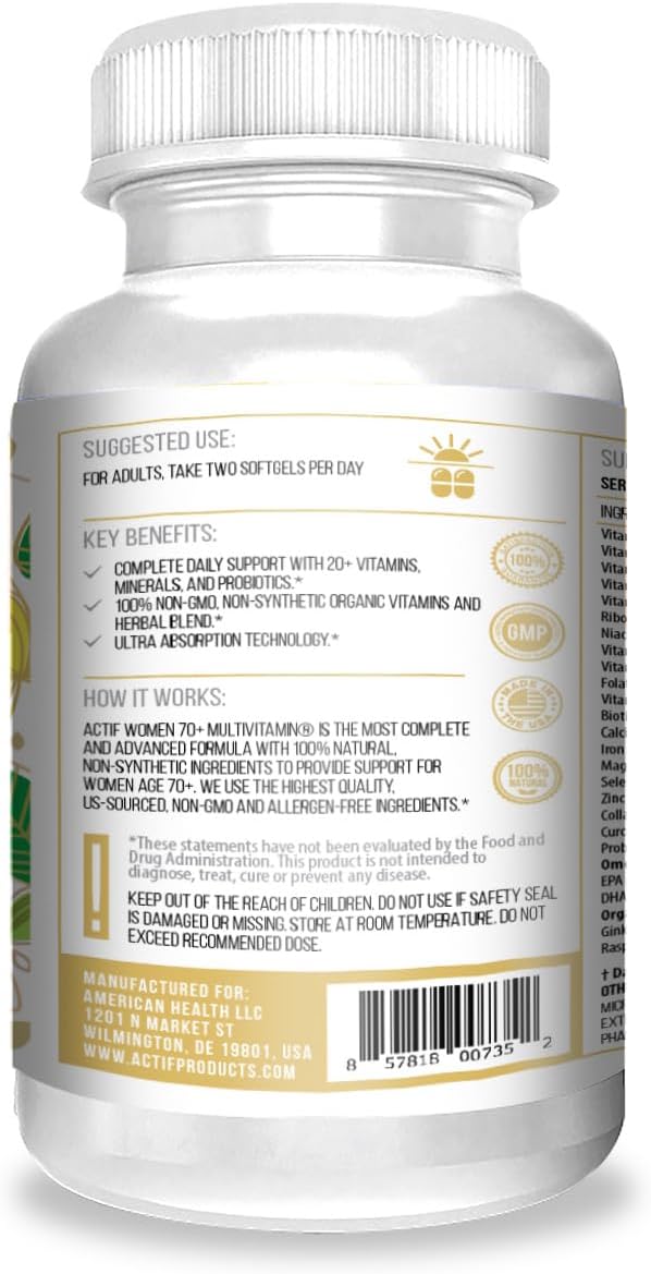 ACTIF Organic Multivitamin for Women Age 70+ with 20+ Advanced Factors and Omega-3 Non-GMO Made in USA 90 Count