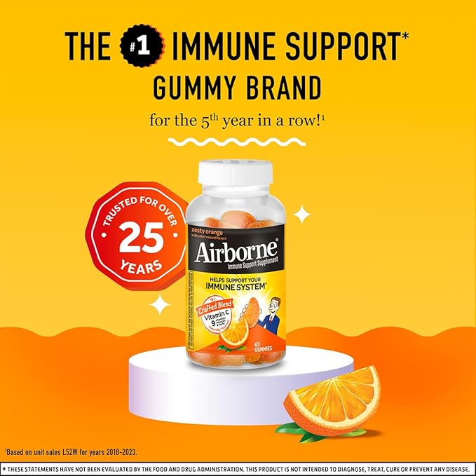 Airborne 750mg Vitamin C Immune Support Supplement Gummies for Adults Zesty Orange Flavor Gluten Free Crafted Blend with Powerful Antioxidants Vitamins A C &amp E 63 Gummies (3 Pack)