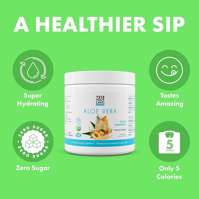 Yes You Can! Aloe Vera Powder Drink Mix - Hydration Booster Infused with Pure Organic Aloe Vera Extract - Delicious Flavors - Made in USA - Antioxidant Rich - Peach Lemonade Flavor - 40 Servings Per C