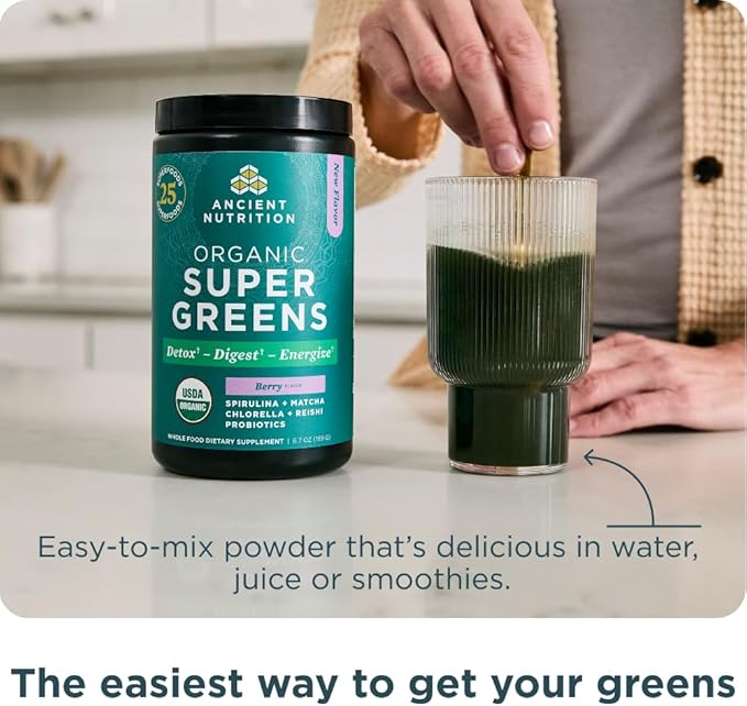 Ancient Nutrition SuperGreens Powder with Probiotics Organic Berry Flavor Greens Made from Real Fruits Vegetables and Herbs Digestive and Energy Support 25 Servings 6.7oz
