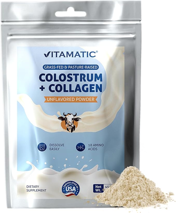 Vitamatic Bovine Colostrum + Collagen Powder - Supplement for Gut Health Hair Growth Beauty Muscle Recovery &amp Immune Support - Easy to Mix - Unflavored - 454 Gram (16 oz)