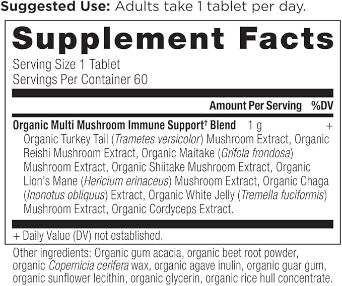 Ancient Nutrition Mushroom Supplement Organic Multi Mushroom Immune Support Tablet Supports Stress Response Gluten Free Paleo and Keto Friendly 60 Count
