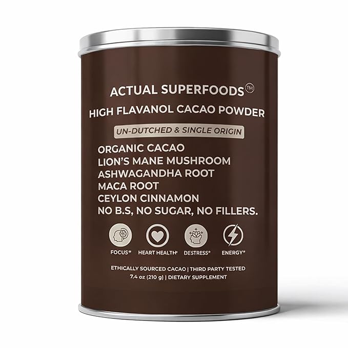 High Flavanol Cacao Powder Blend - Flavanols &amp Flavanoids - Organic Coffee Alternative with Lions Mane Ashwagandha Maca &amp Ceylon Cinnamon - 7.4 ounces - Morning Focus &amp Energy Ritual