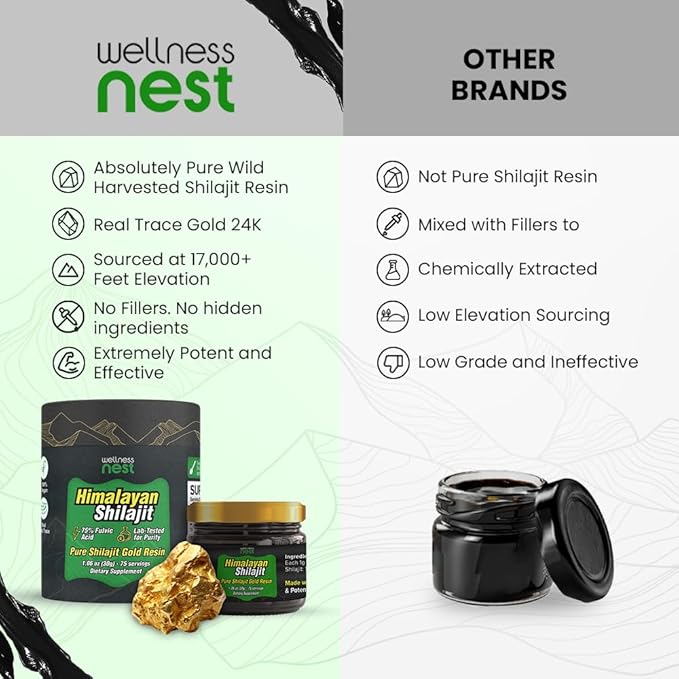 Wellness Nest Gold Grade Pure Himalayan Shilajit Resin: Ultimate Potency for Men &amp Women - 24k Gold 75%+ Fulvic Acid Lab Test Report Included - 30g (1 Pack) 75 Servings