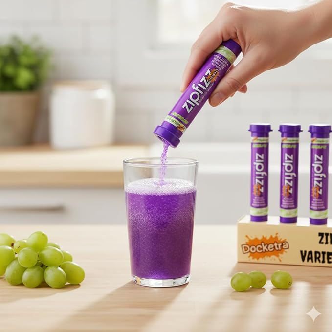 Zipfiz Energy Drink Mix Grape 20-Pack | 3-in-1 Performance: Sustained Energy Rapid Hydration and Essential Vitamins | 100mg Natural Caffeine 0g Sugar 20 Calories | 2500mcg B12 &amp Electrolyte