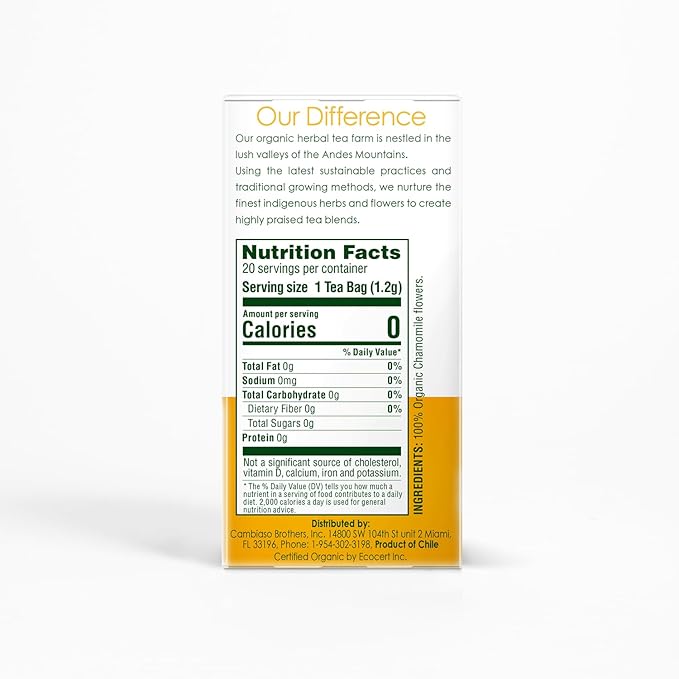 Garden of the Andes - Organic Chamomile Tea - 20 Tea Bags/Box Pack of 6 (120 Count) - Caffeine-Free Herbal Infusion from Handpicked Flowers - Supports Digestive Comfort and Promotes Relaxation