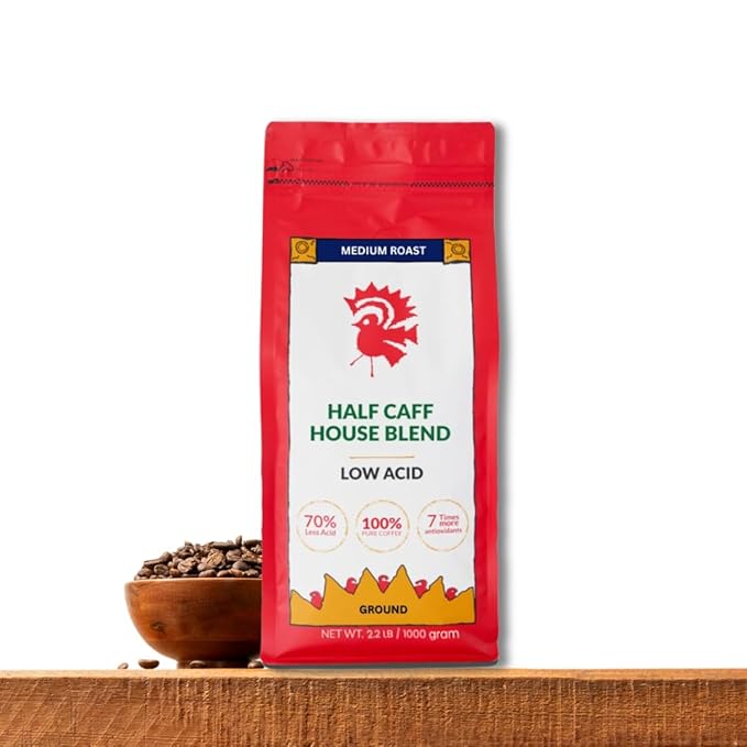 Puroast Low Acid Coffee Half Caff | Half Caff House Blend Ground | Medium Roast | High Antioxidants &amp High pH |No Bitter Aftertaste | Reduced Heartburn &amp GERD | Suitable for Cold Brew - 2.2 LB