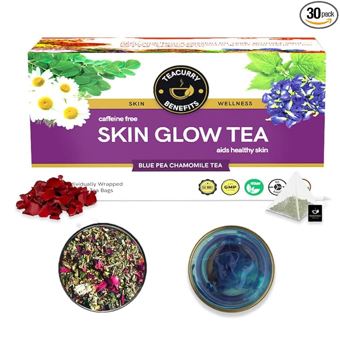 TEACURRY Skin Glow Tea (30 Tea Bags 1 Month Pack) - Helps with Skin Nourishment Hydration Glow - All Natural Caffeine Free Herbal Tea