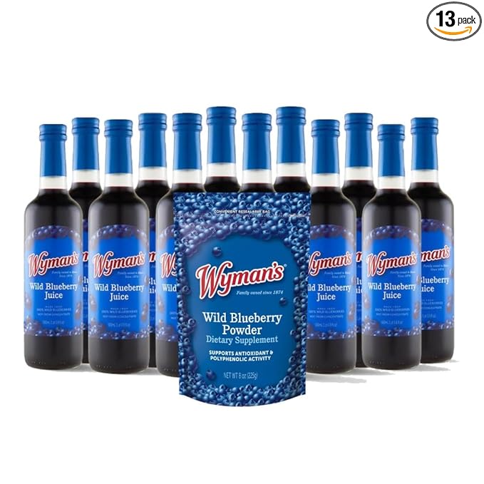 Wyman's Wild Blueberry Juice &amp Powder Bundle 12 Glass Bottles Juice 8oz Blueberry Powder 100% Wild Blueberries Antioxidant Activity Great for Smoothies &amp Baked Goods No Sugar Added