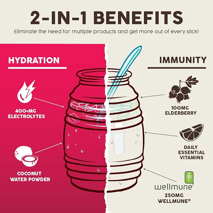 Salud 2-in-1 Hydration Packets + Immunity Electrolytes Powder Hibiscus - Jamaica Agua Fresca Drink Mix Elderberry Dairy &amp Soy Free Non-GMO Gluten Free Vegan Low Calorie 1g Sugar (15 Servin
