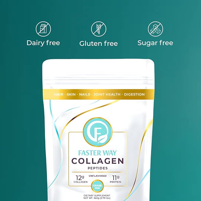 Faster Way - Collagen Peptides - 12g Hydrolyzed Collagen + 11g Protein Per Serving - Hair Skin &amp Nails - Amino Acids - Grass-Fed - Sugar Gluten &amp Dairy Free - Non-GMO -Unflavored Powder -30
