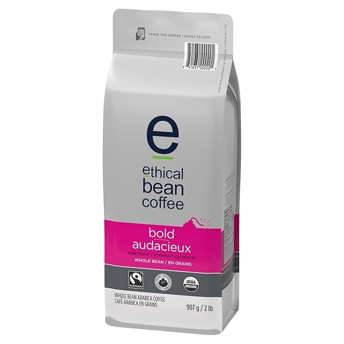 Ethical Bean Fair Trade Organic Coffee Bold Dark Roast Whole Bean Coffee - 2lb (908g) Bag