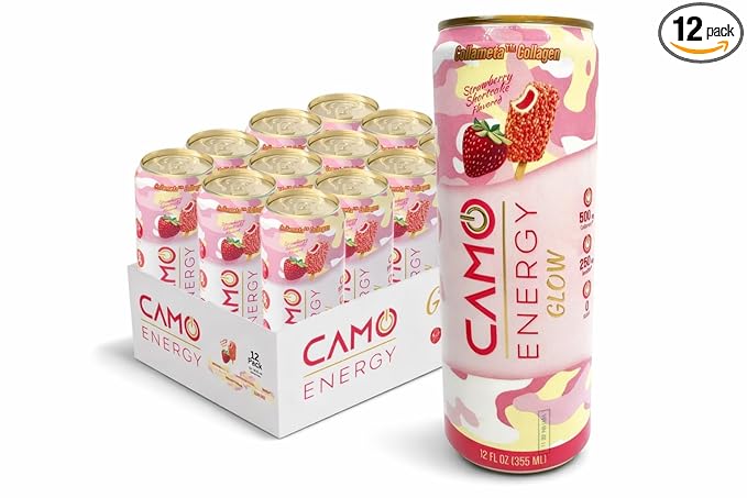 CAMO Energy Glow Strawberry Shortcake 200mg Natural Caffeine Collameta® Collagen Peptides InnoSlim® Metabolism Booster Zero Sugar 12oz Cans 12 Pack
