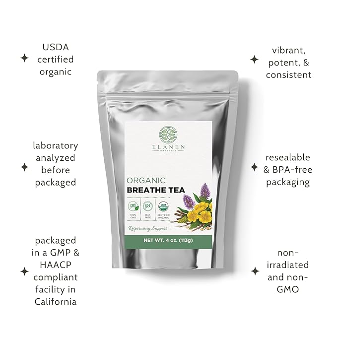 Elanen Naturals Organic Breathe Tea 4 oz. (113g) USDA Certified Organic Lung Tea for Bronchial Wellness and Smokers Respiratory Blend Gordo Lobo Herbs Loose Leaf Mullein Detox Lungs Cut &amp Sif
