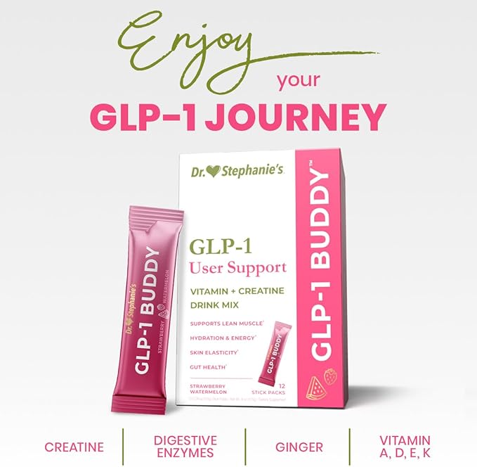 Dr. Stephanie's GLP-1 Buddy Pair with GLP-1 Boosters for Best Results - Digestive Support Preserve Lean Muscle Replenish Vitamins - Strawberry Watermelon Drink Mix