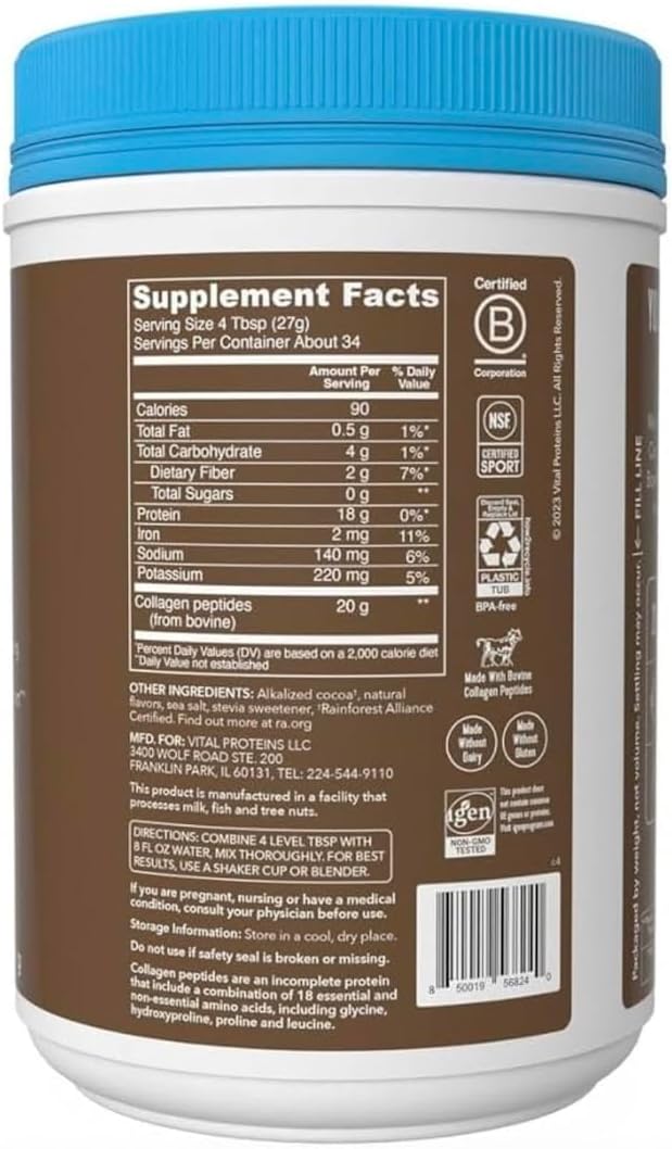 Vital Collagen Protein Peptides Pasture Raised Grass Fed Zero Sugar Dairy Free for Skin Hair Nail Joint &amp Bone Health Chocolate. Big Size Presentation