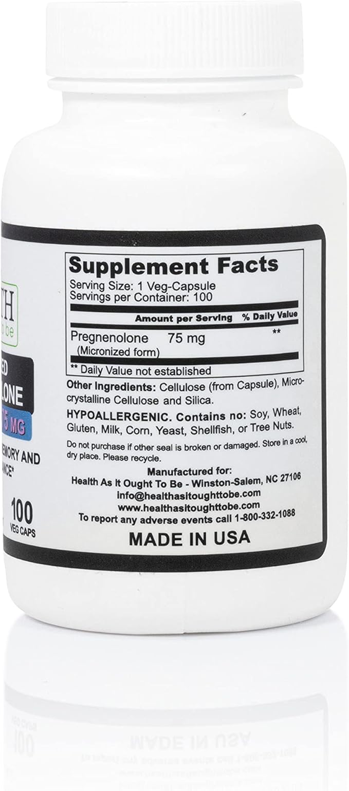 Health As It Ought To Be Pregnenolone 75mg Supplement – Micronized Form for Enhanced Absorption Tested for Purity and Strength | 100 Capsules