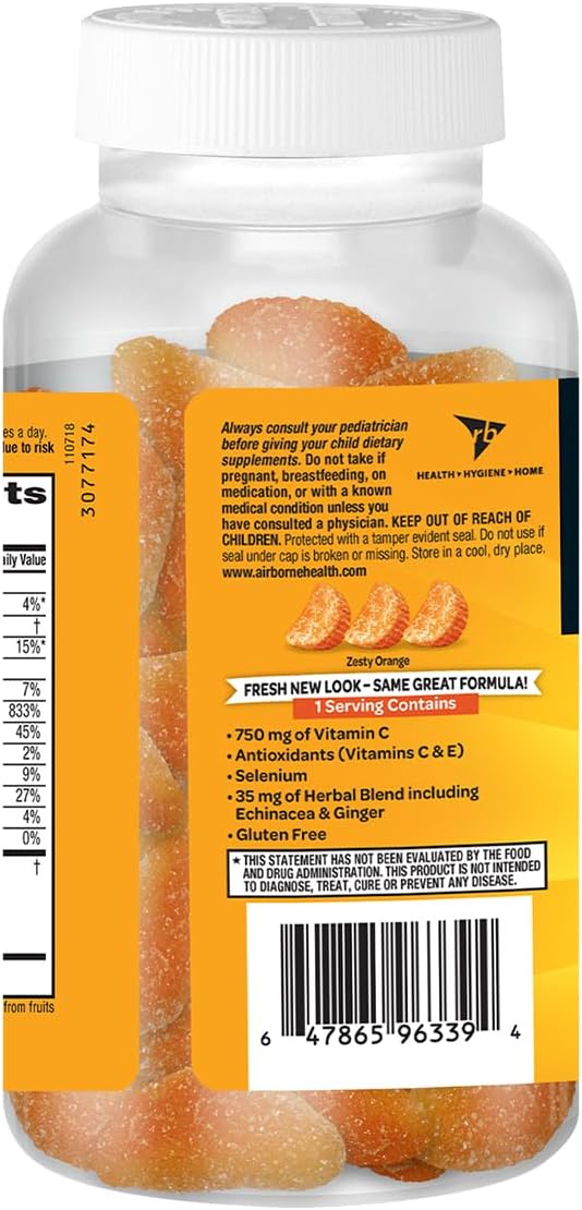 Airborne 750mg Vitamin C Immune Support Supplement Gummies for Adults Zesty Orange Flavor Gluten Free Crafted Blend with Powerful Antioxidants Vitamins A C &amp E 63 Gummies (4 Pack)