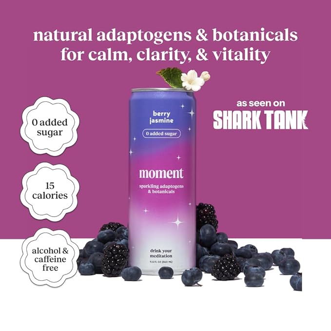 Moment Botanical Soda Soft Drink (Shark Tank) - SPARKLING Non Alcoholic Drinks | Berry Jasmine | L-Theanine &amp Ashwagandha for Calm &amp Clarity | 0 Added Sugar 0 Caffeine | 12-pack