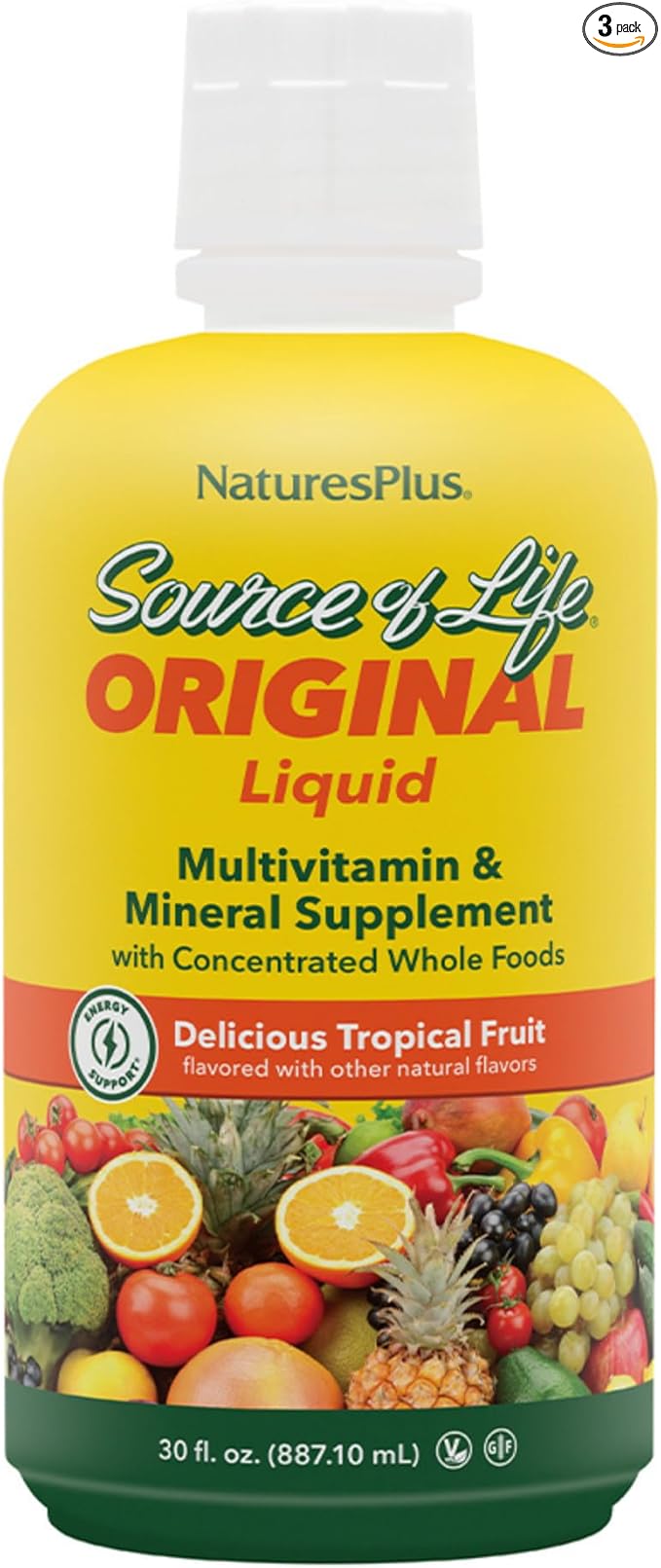 NaturesPlus Source of Life Liquid Tropical Fruit - 30 fl oz Pack of 3 - Multivitamin &amp Mineral Supplement - Gluten Free Vegetarian - 90 Total Servings