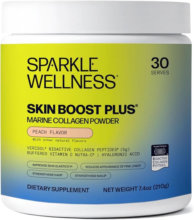 Sparkle Wellness Marine-derived VERISOL Bioactive Hydrolyzed Collagen Peptides | Collagen Powder Supplement with Vitamin C &amp Hyaluronic Acid | Marine Skin Boost Plus (Peach) [30-Serves]