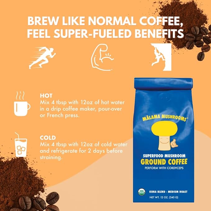 Cordyceps Coffee by Malama Fruiting Body Cordyceps Mushrooms blended with Kona Coffee Superfood Adaptogenic Mushroom Extract with Fair Trade Coffee Medium Roast Ground Coffee 12 oz