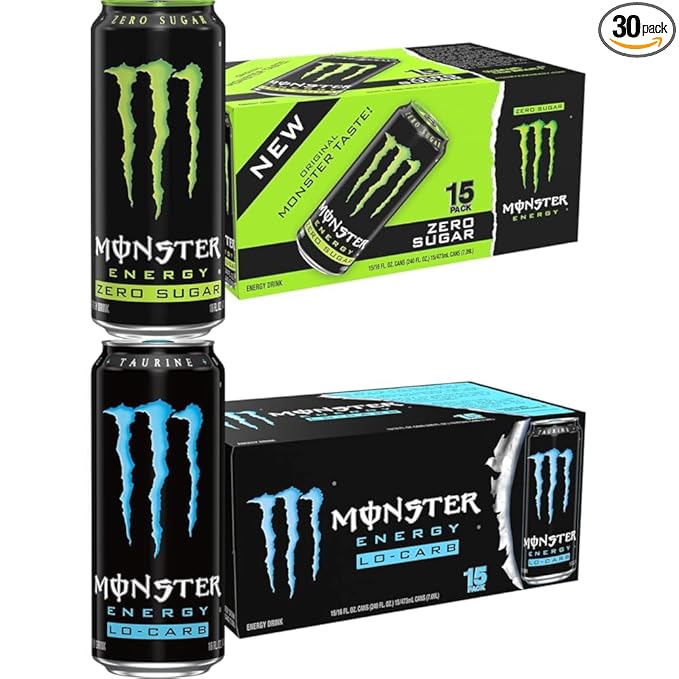 Monster Energy Zero Sugar Green Original 16oz (Pack of 15) + Monster Energy Lo-Carb Monster 16oz (Pack of 15) | Monster Energy Bundle (Pack of 30)