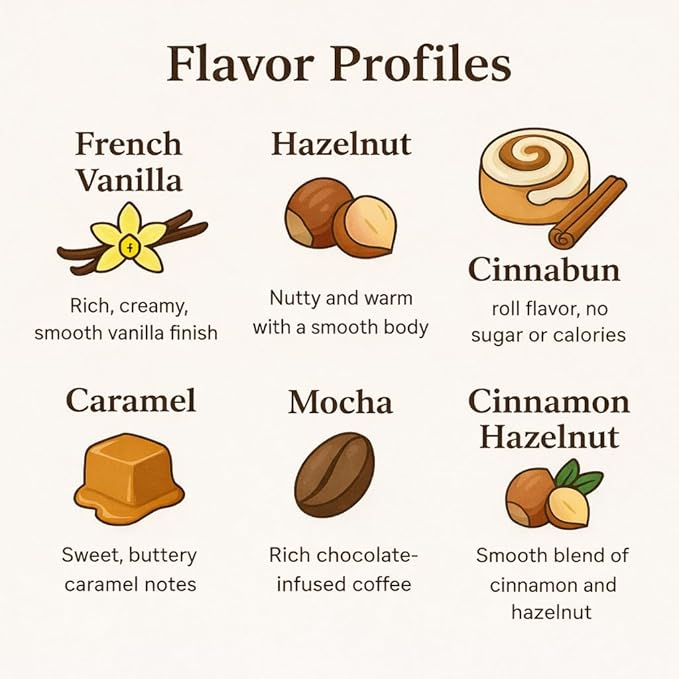 Flavored Coffee Sample Pack – 6 Medium Roast Coffees (French Vanilla Hazelnut Cinnabun Caramel Mocha Cinnamon Hazelnut) 6 x 2 oz (12 oz Total) – Kilan Coffee