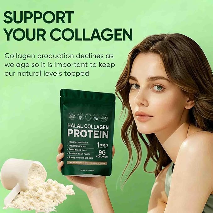 Halal Collagen Protein Powder Grass-Fed Collagen Peptides Powder Type I&ampIII 100% Hydrolyzed for Hair Skin Nails Gut Bone &amp Joint Health for Women and Men Sugar Free Unflavoured (1)