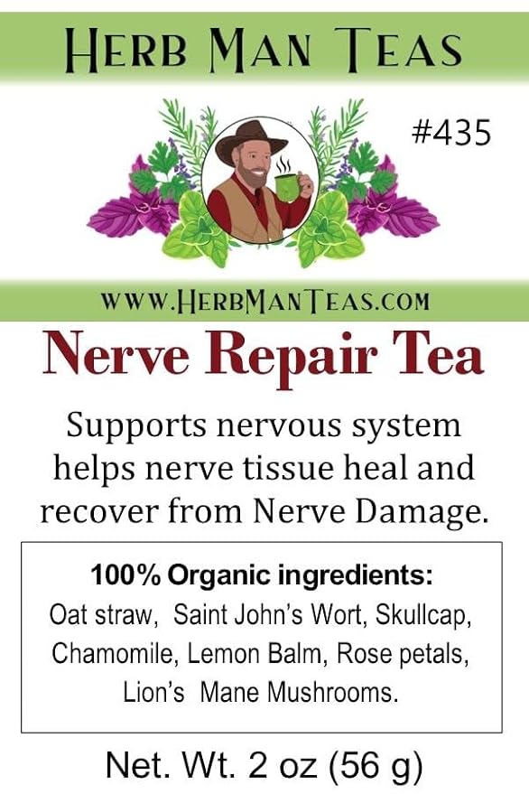 NERVE REPAIR TEA with Lions Mane Mushrooms for tremors &amp nerve damage formulated by master herbalist Khabir – 100% Organic Non-GMO no additives