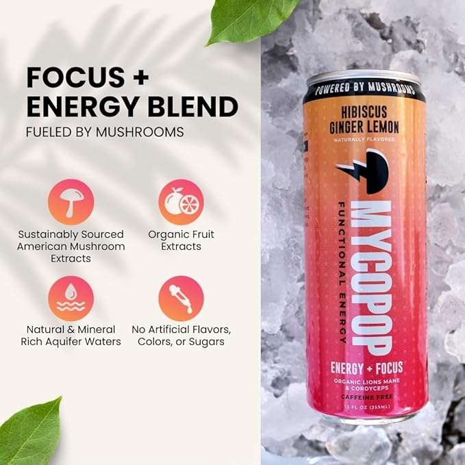 Mycopop Functional Mushroom Energy Drink Caffeine-Free 25 Calories with Lions Mane &amp Cordyceps Hibiscus Ginger Lemon Flavor 12 fl oz