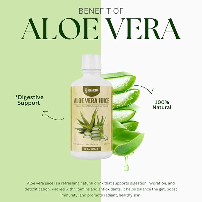 Kurandero - Aloe Vera Juice - 32 fl oz (946ml) - Unflavored and Gluten Free Drink Aloe Vera Leaf Juice and Inner Leaf Gel