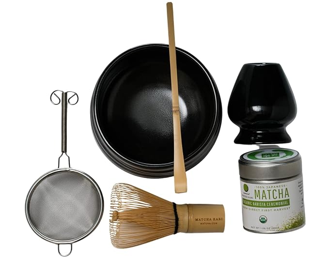 Matcha Kari Dr. Weil Complete Tea Set - Black - Japanese Ceremonial Organic Matcha with Whisk and Holder Ceramic Bowl Sifter and Scoop