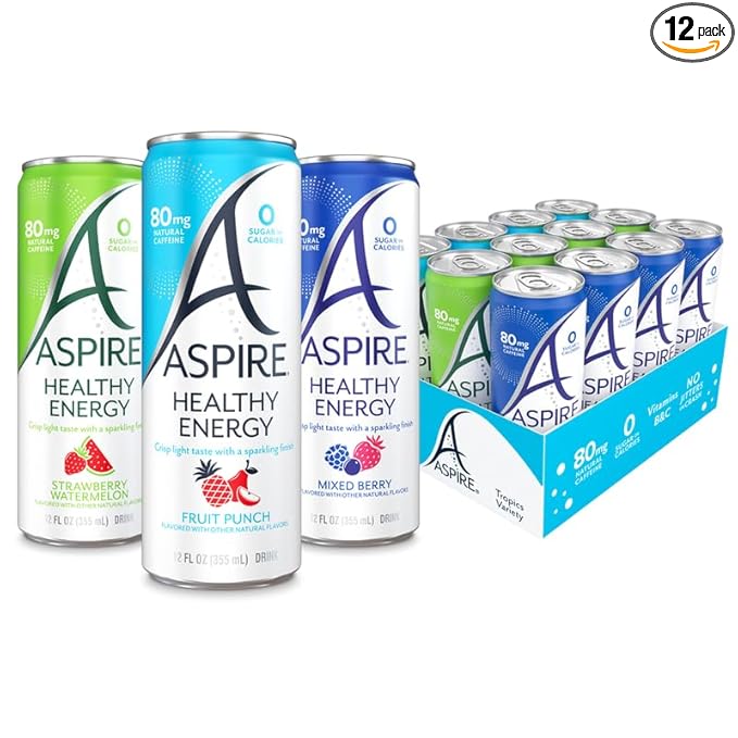 ASPIRE® The Fan Favorite Variety Pack Healthy Energy Drink 80mg Natural Caffeine Zero Sugar No Carbs Keto Friendly 12 Pack Green Tea Sugar Free Drink Low Caffeine Zero Calorie