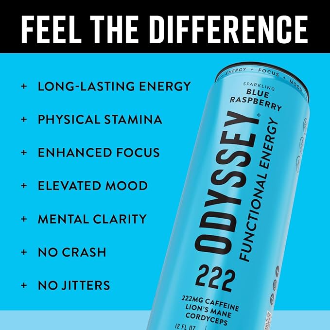 Odyssey Functional Energy Drink for Focus Cognition &amp Mood Support 12 Pack - Adaptogenic Drink with 222mg Green Tea Caffeine Lion’s Mane Cordyceps L-Theanine &amp Ginseng - Sparkling Blue Ras