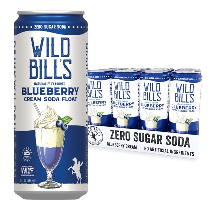 Blueberry - Wild Bill's Zero Sugar Cream Soda Zero Artificial Colors Flavors or Preservatives Naturally Sweetened (Individual 12oz Cans12-Pack)