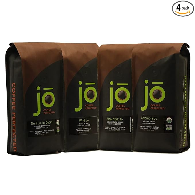 JO COFFEE: New York Jo Signature Blend No Fun Jo Decaf Swiss Water Process Wild Jo Bold Dark Strong Rich and Colombia Jo Medium Roast 12 oz each USDA Certified Gourmet Coffee Gluten-Free