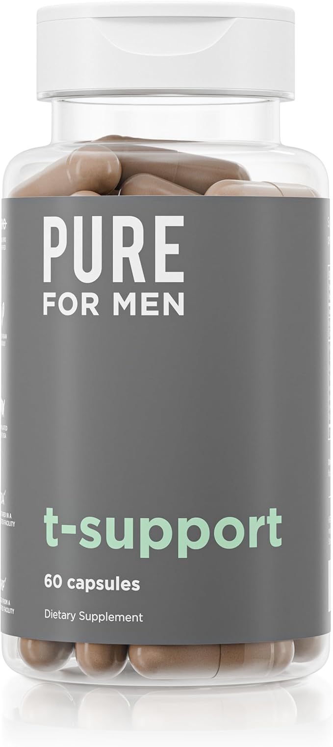 Pure for Men T-Support Supplement | Vegetarian Total Support for Men with Maca Vitamin D &amp Ashwagandha Muscle Health | Endurance Strength Focus &amp Energy Support | 60 Capsules