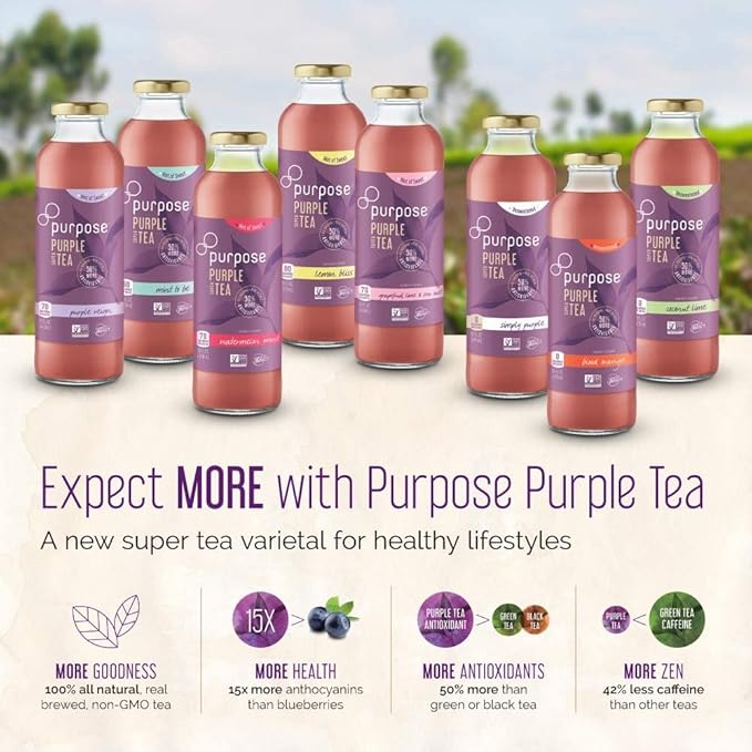 Purpose Tea Blood Orange - Bottled Iced Tea All Natural Brewed Organic Purple Leaves Unsweetened Pure Non-GMO High in Antioxidants and Anthocyanins Healthy Drinks - 16 oz (Pack of 12)