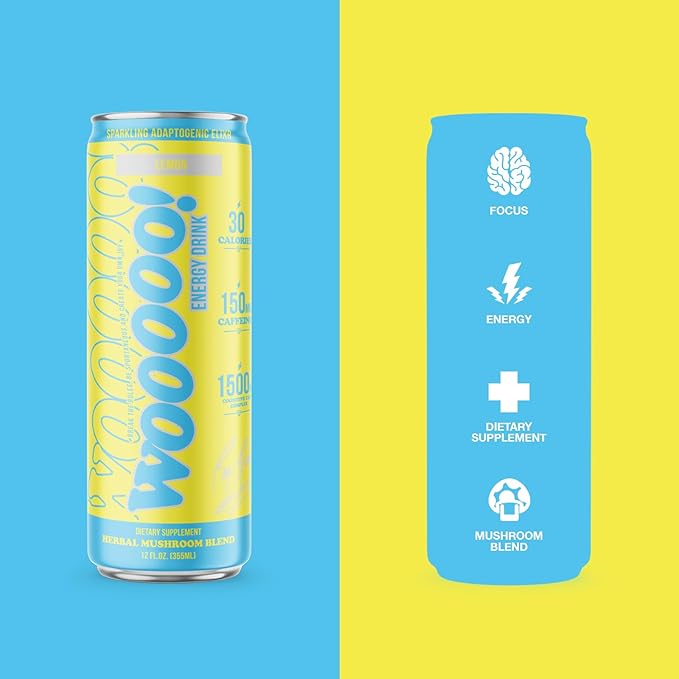 Wooooo! Energy Ric Flair Sparkling Adaptogenic Mushroom Energy Drink | Natural Antioxidants &amp Nootropics | Lion’s Mane &amp Cordyceps | 150mg Caffeine | 12 Pack (Lemon)
