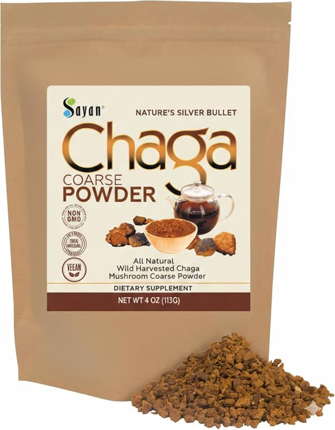 Sayan Siberian Pure Raw Coarse Chaga Powder 4 Oz / 113g – Premium Wild Forest Harvested Super Antioxidant Tea – Supports Immune System and Digestive Health – Focus Energy Clarity Wellness - Non-GMO